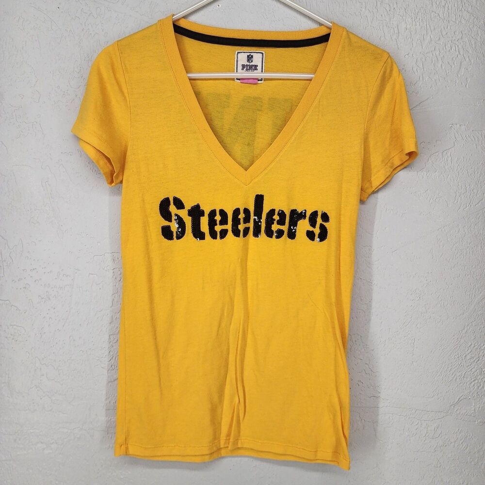 Victoria's Secret PINK Pittsburgh Steelers Yellow Sequin V-Neck T Shirt Size M‎